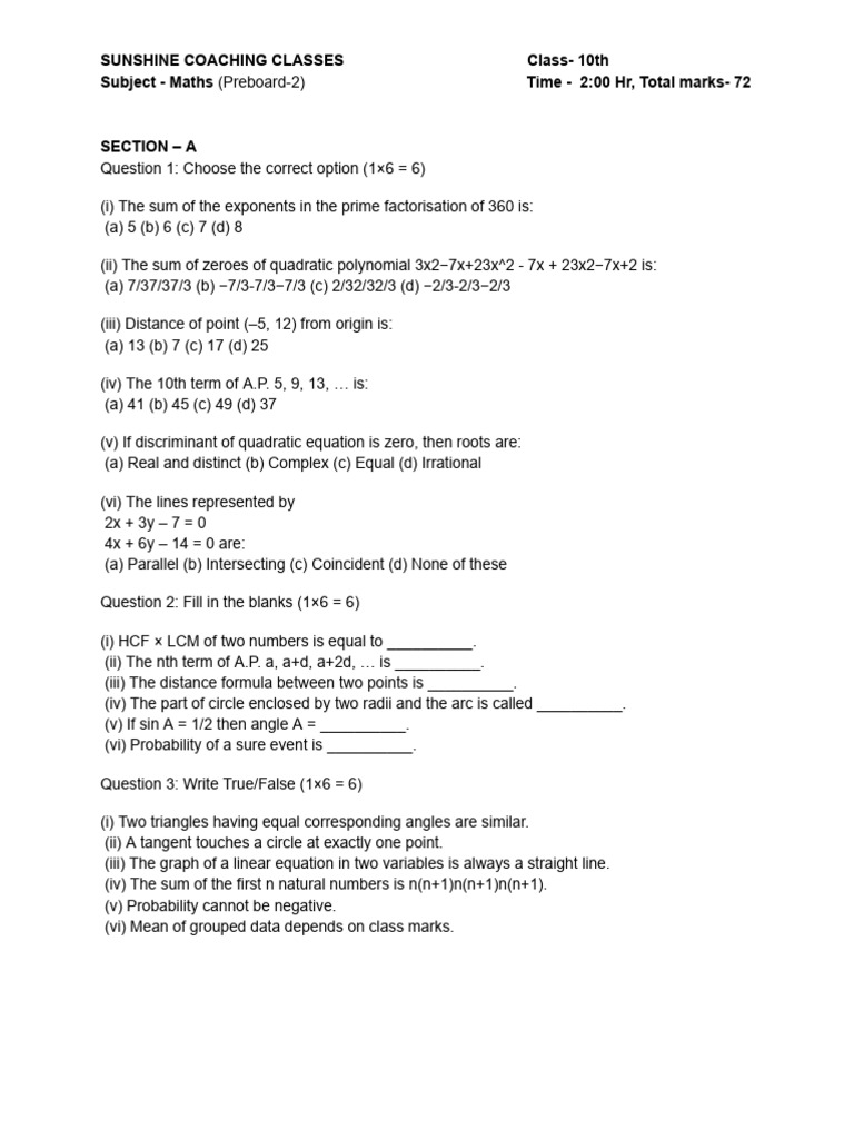 10th Math Coaching Pre b2 | PDF | Quadratic Equation | Area
