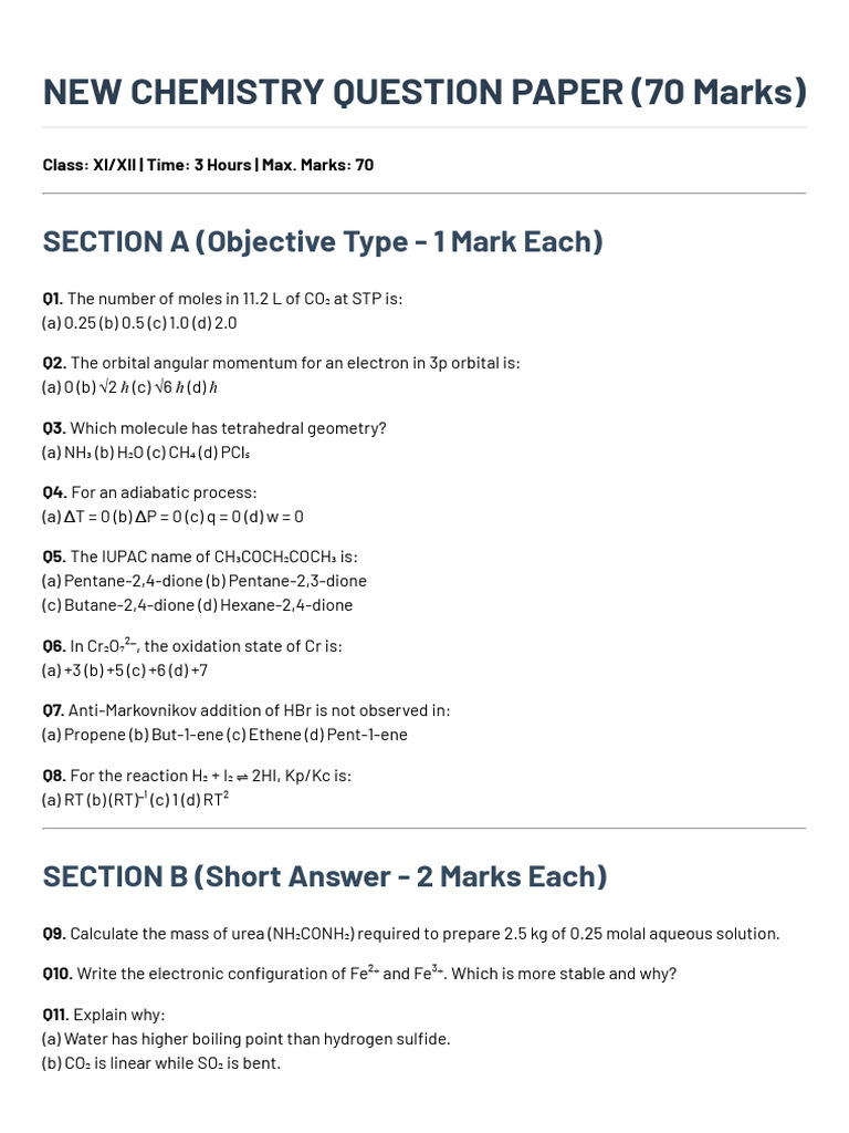 New Chemistry Question Paper (70 Marks) : SECTION A (Objective Type - 1 ...