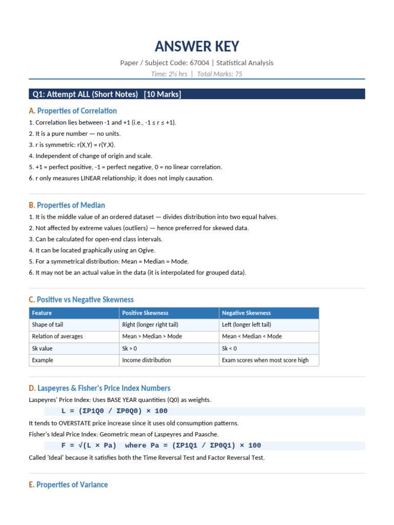 Answer Key 67004 Statistical Analysis | PDF | Skewness | Mean