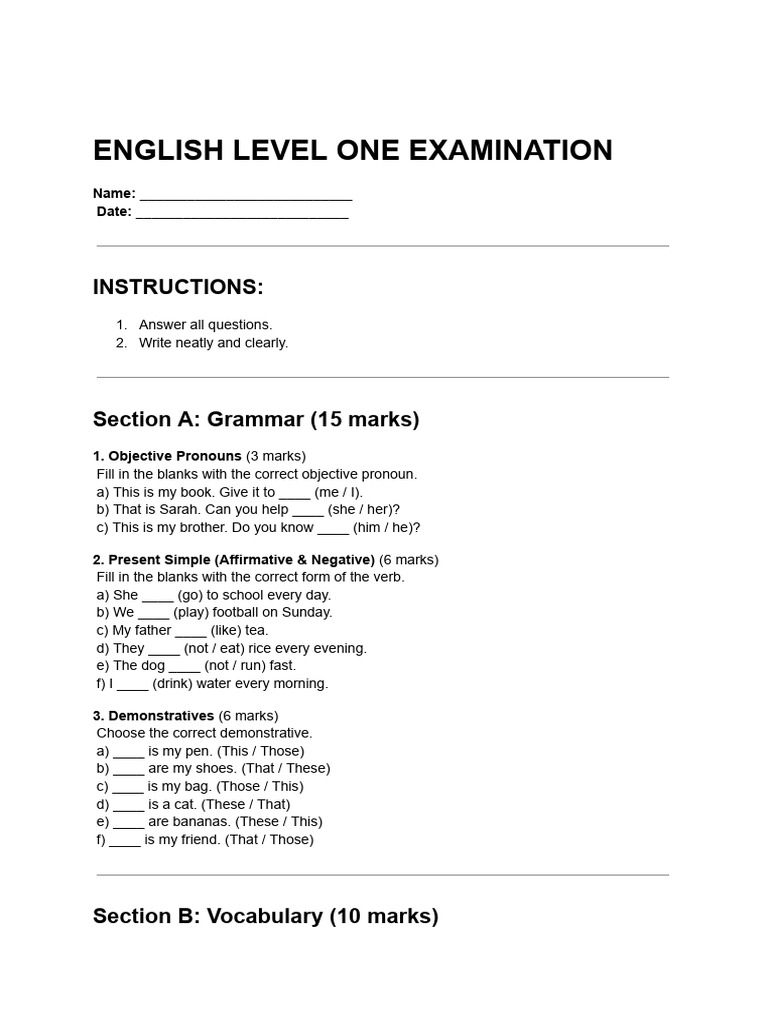 English Level One Examination | PDF | Language Mechanics | Linguistic ...