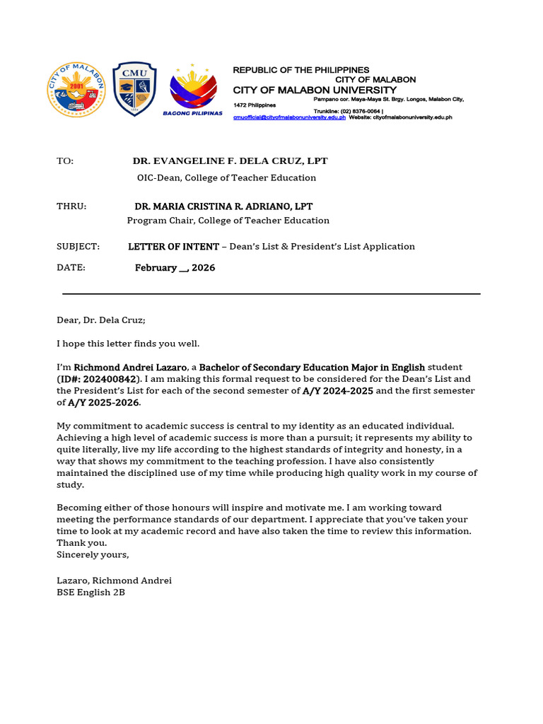Letter of Intent Application For Academic Honors DLPL | PDF