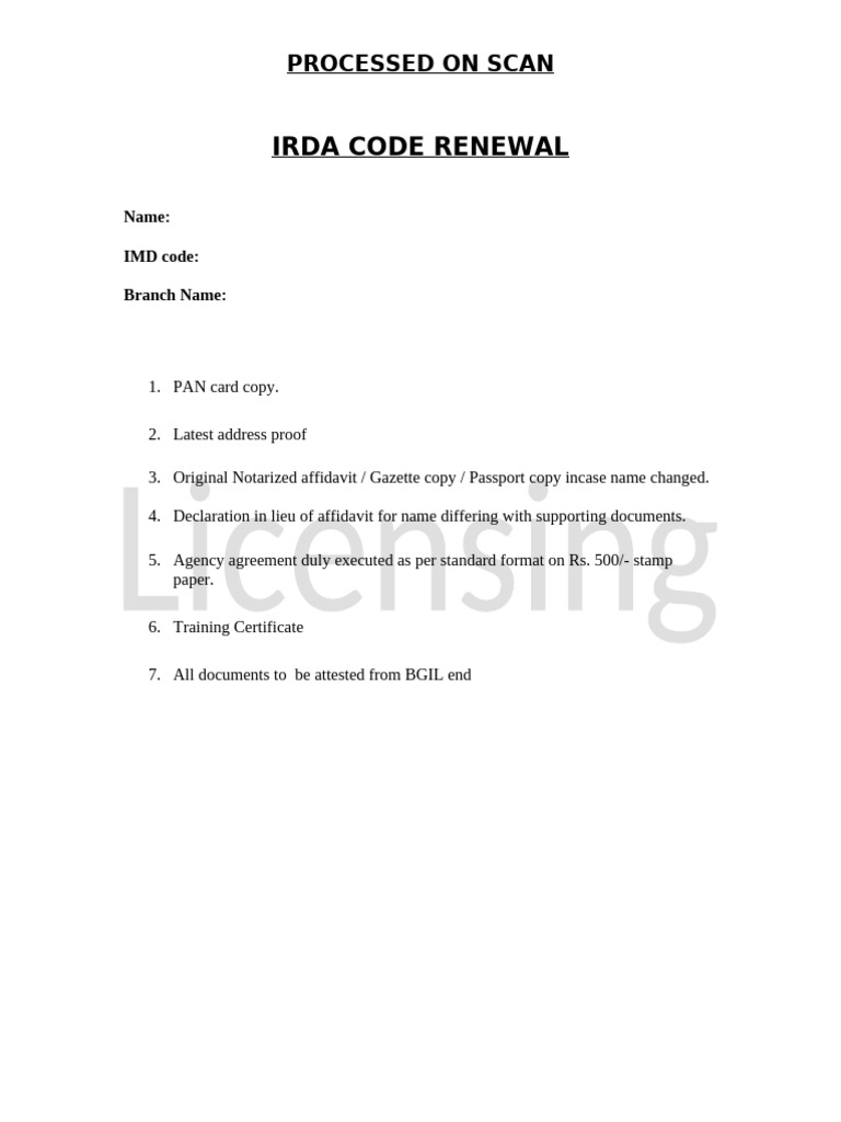Renewal IRDA Code Checklist | PDF