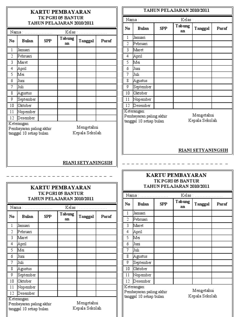 Contoh Kartu Pembayaran Spp Tk