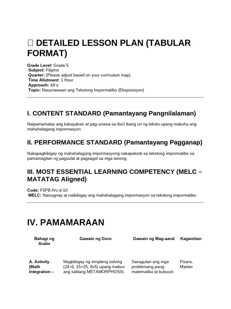 DLP Filipino 5 - Tekstong Importmatibo (TABULAR FORMAT) | PDF