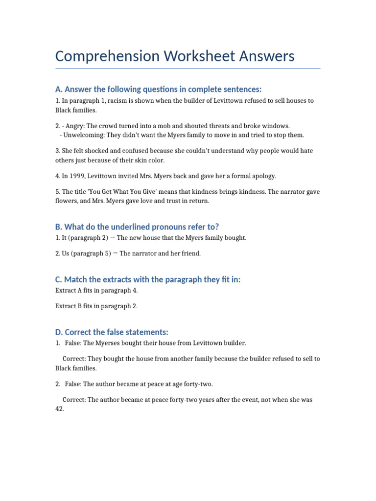 Comprehension Worksheet Answers | PDF