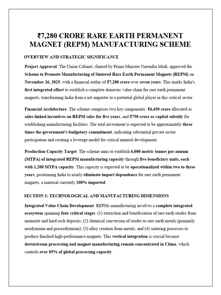 7,280 Crore Rare Earth Permanent Magnet (Repm) Manufacturing Scheme PDF ...