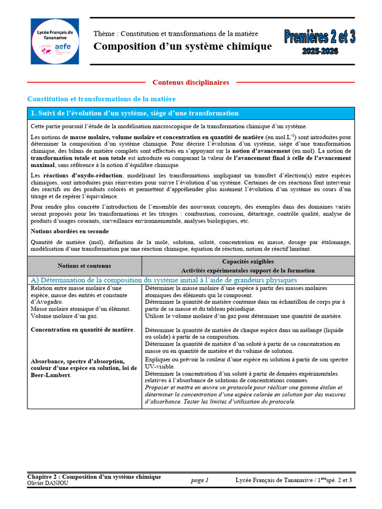 Chap 2 Composition D'un Système Chimique Élève | PDF
