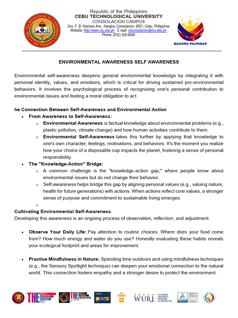 Environmental Awareness Self Awareness | PDF | Self Awareness | Self ...