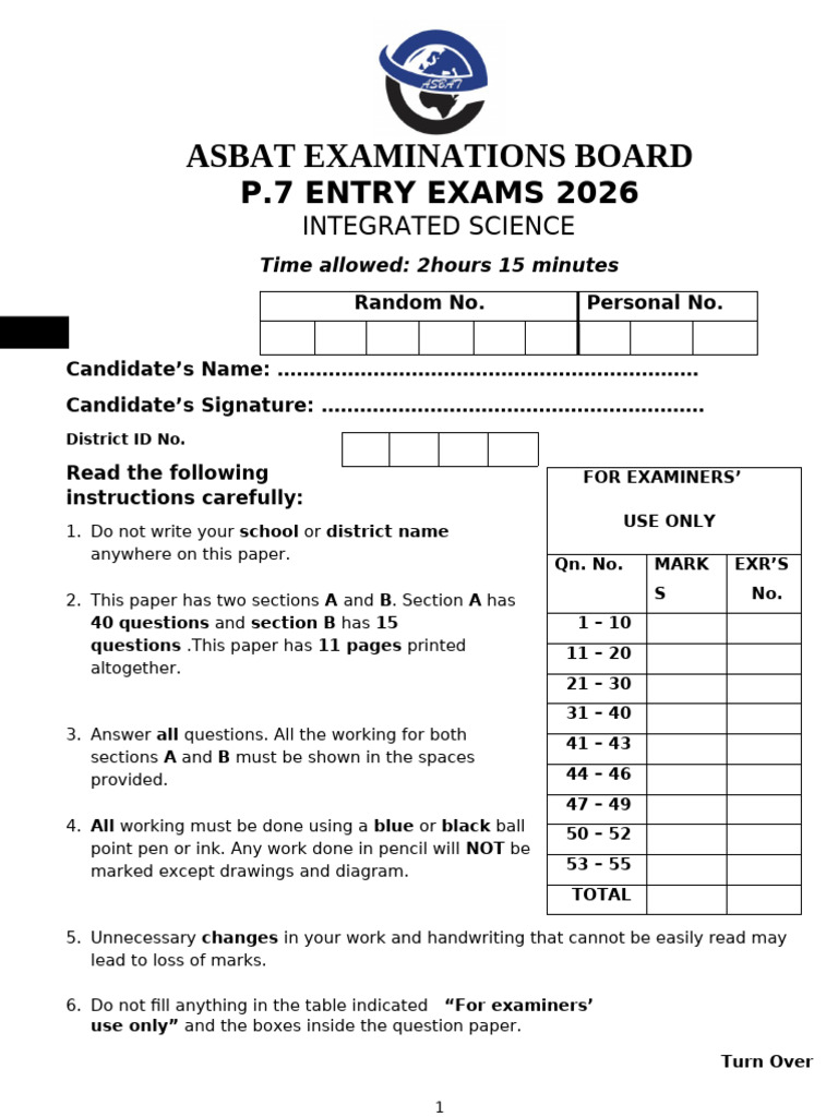 p.7 Science Entry Exams 2026 | PDF | Heart