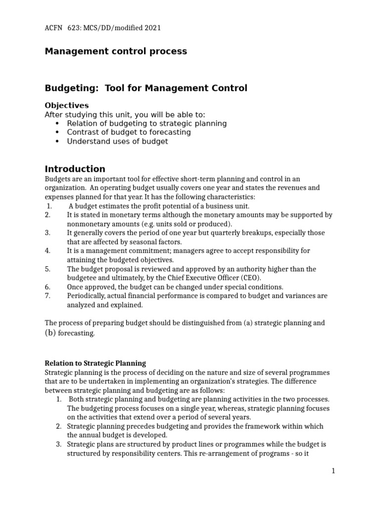 Budgeting As Tool of Manageemnt Control 7.5 Budget Preparation Process ...