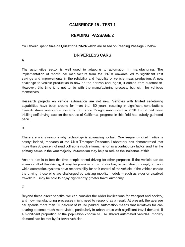 Unit 29 - Cambridge 15 - Test 1 - Passage 2 | PDF | Automation | Car