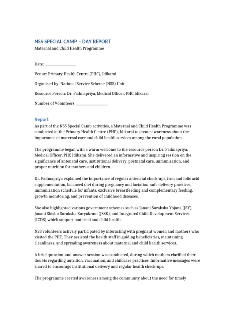 Maternal Child Health NSS Report | PDF