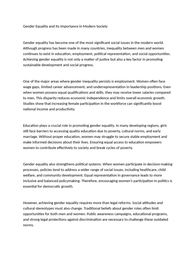 Gender Equality and Its Importance in Modern Society | PDF | Gender ...
