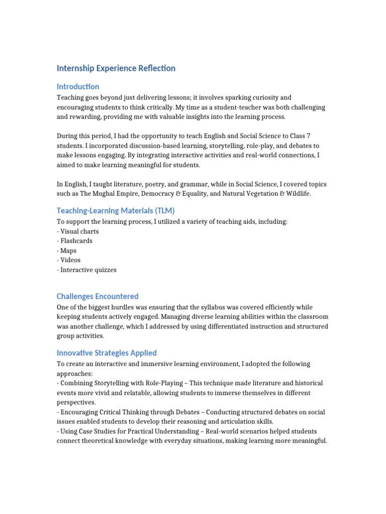 Internship Reflection | PDF | Learning | Storytelling