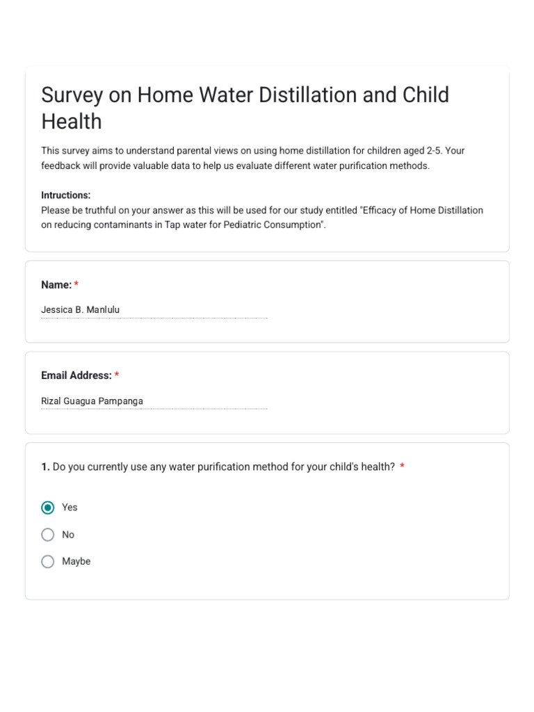 Survey On Home Water Distillation and Child Health (All Respondents ...
