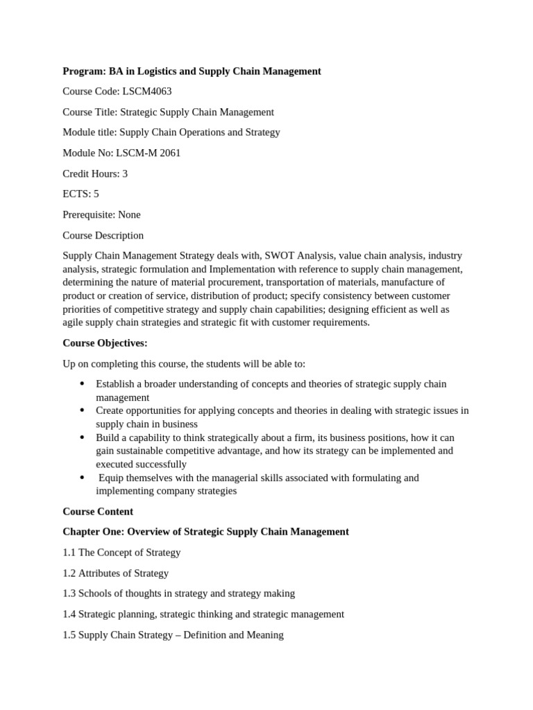 Stratigic Supply Chain Course Out Line | PDF | Strategic Management ...