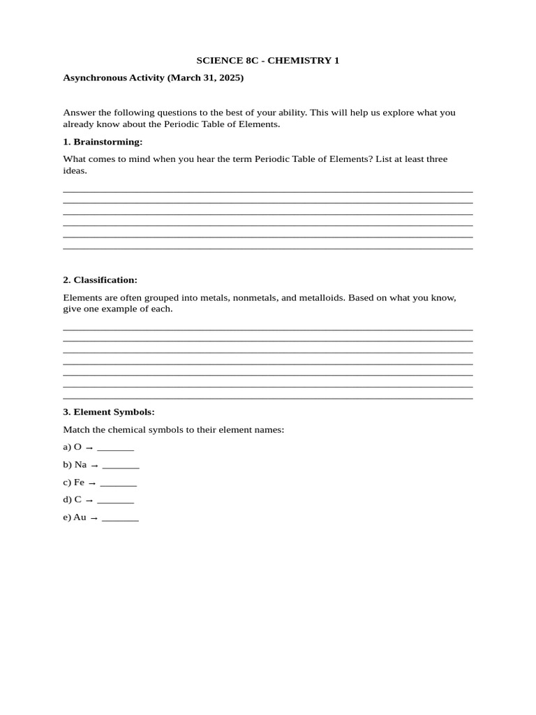 SCIENCE 8C - Asynchronous Activity | PDF | Chemical Elements | Periodic ...