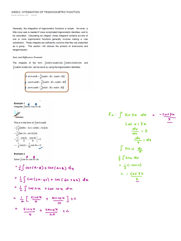 Week2 - Integration of Trigonometric Function | PDF