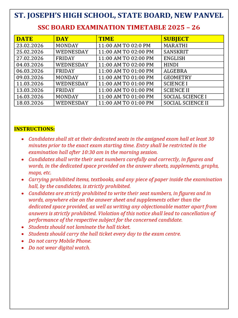 SSC Exam Timetable 2025 - 26 | PDF