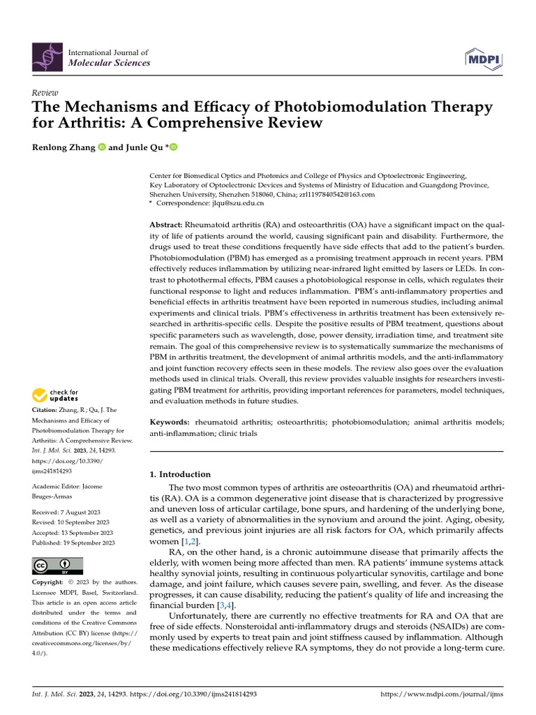 The Mechanisms and Efficacy of Photobiomodulation Therapy For Arthritis ...