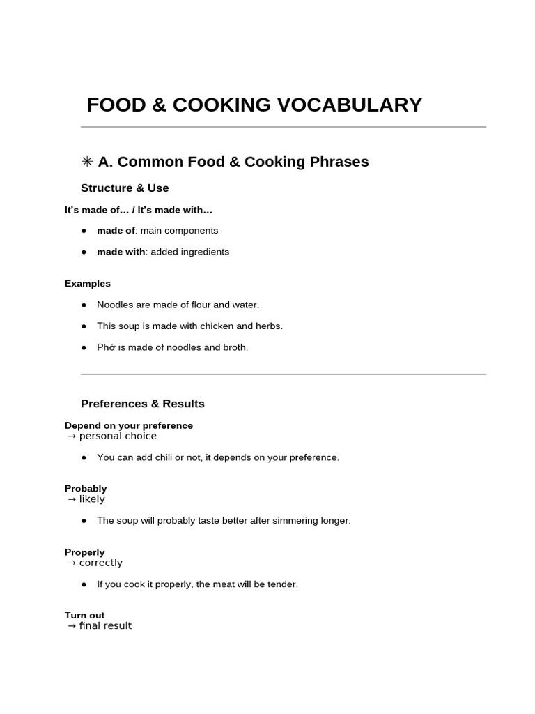Food & Cooking Vocabulary | PDF | Cooking | Taste