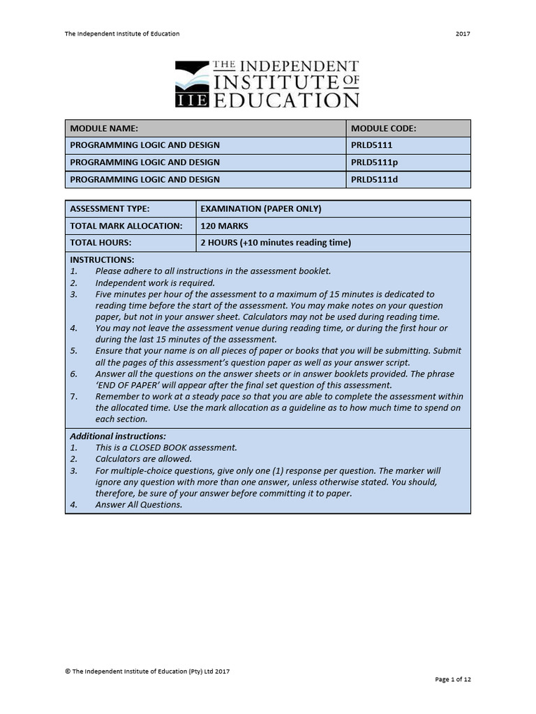 PRLD5111Ea 2017 Exam 1 | PDF | Control Flow | Boolean Data Type