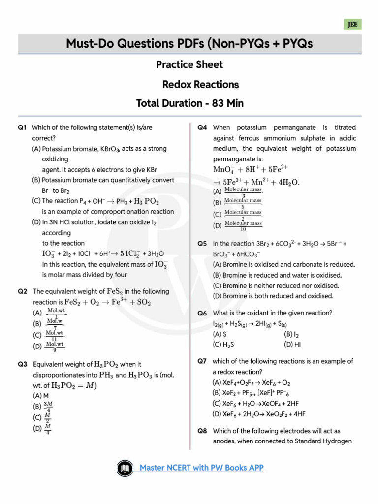 Redox Reactions Must Do Questions Sheet | PDF | Redox | Chemical Reactions