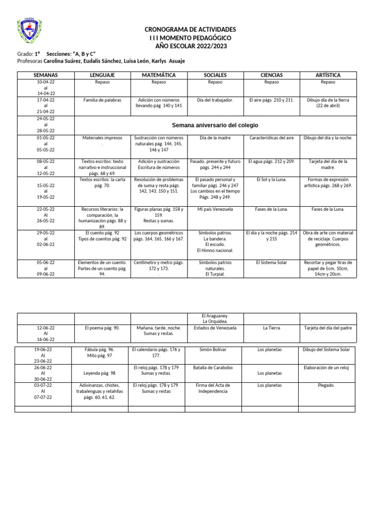 Cronograma de Actividades 3er Lapso 2022-2023 | PDF