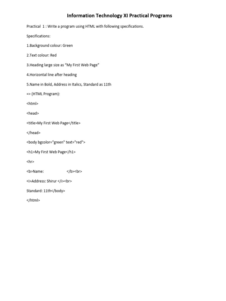 Information Technology XI Practical Programs | PDF | Html | Java Script