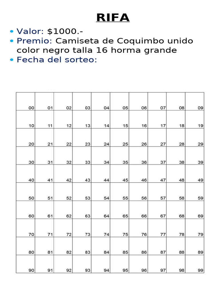 Formato Rifa 100 Numeros. | PDF