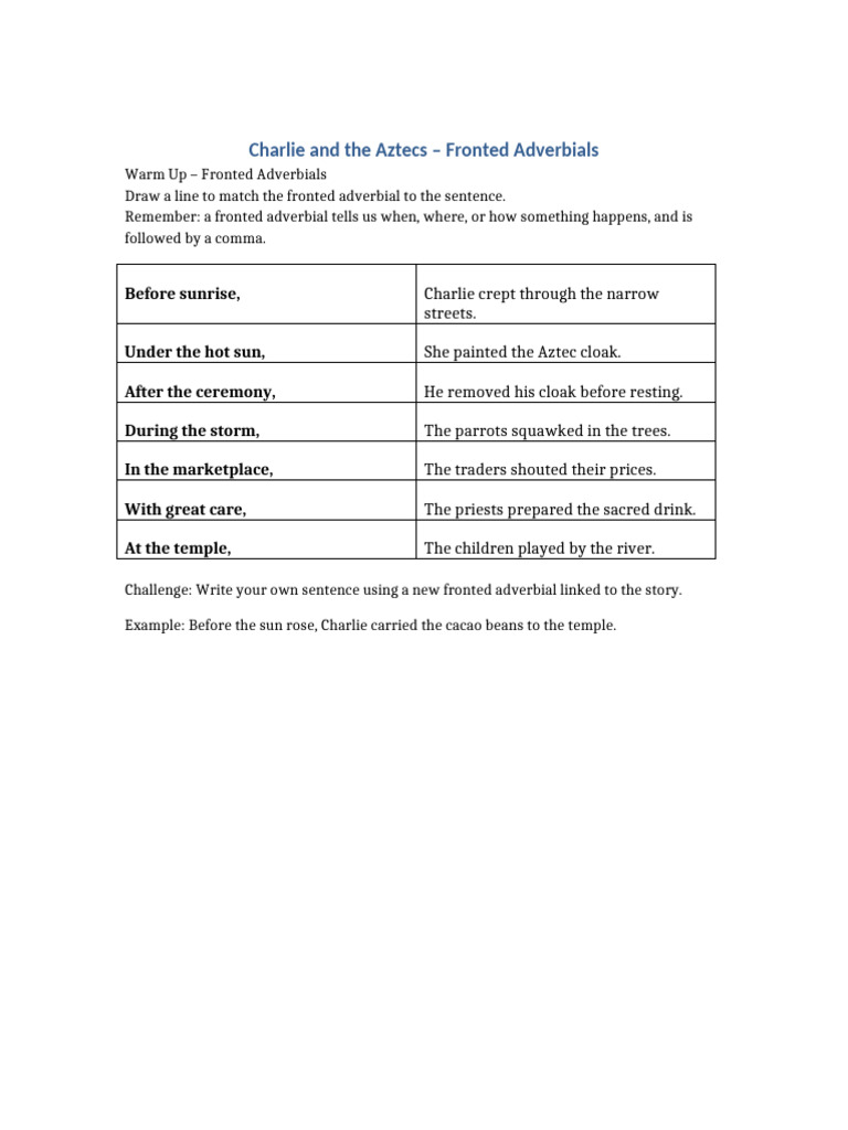Fronted Adverbials Charlie and The Aztecs | PDF