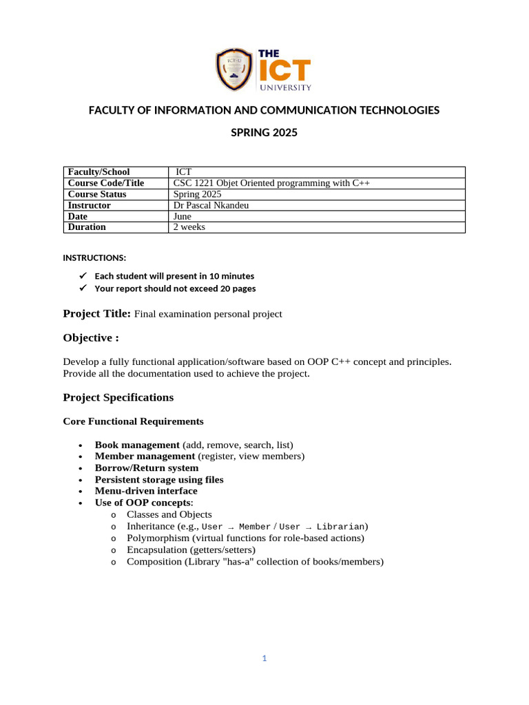 Individual Project Object Oriented Programming C++ Spring 2025 | PDF ...