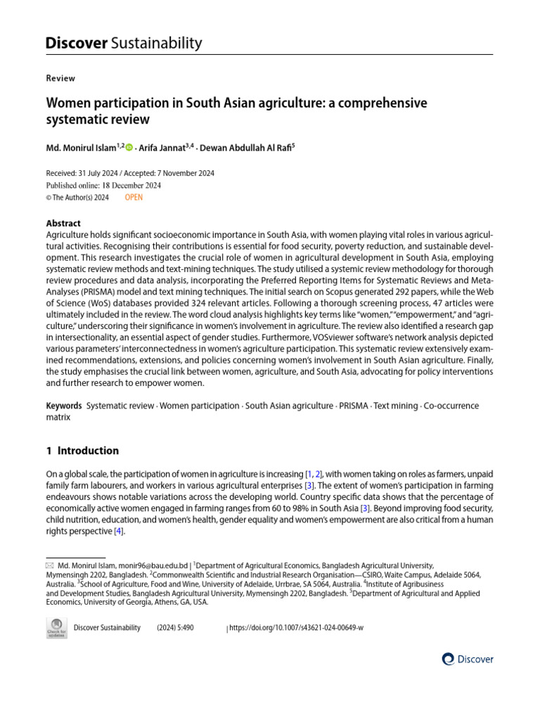 Women Participation in South Asian Agriculture | PDF | Systematic ...