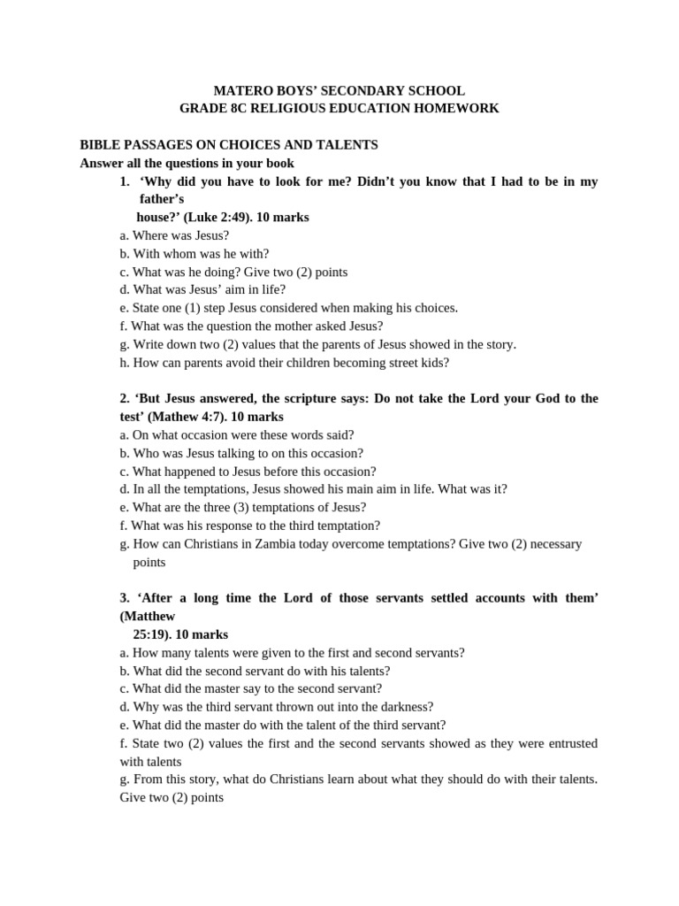 Grade 8c Re Homework On Choices and Talents Matero Boys | PDF