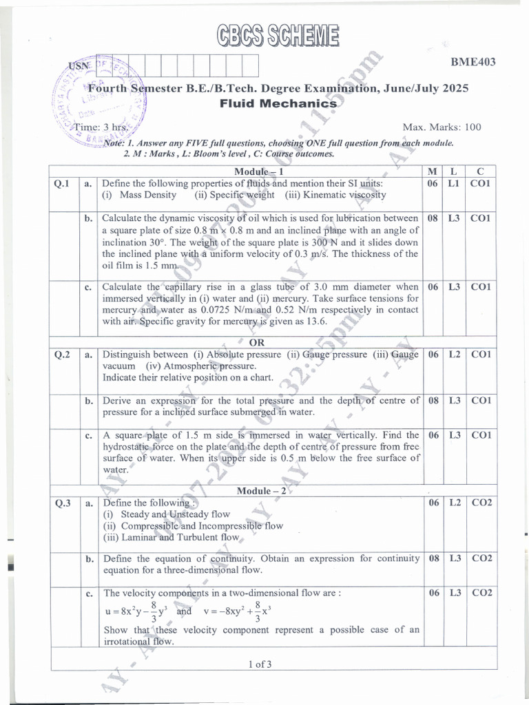 Fluid Mechanics - BME403 | PDF | Fluid Dynamics | Pressure