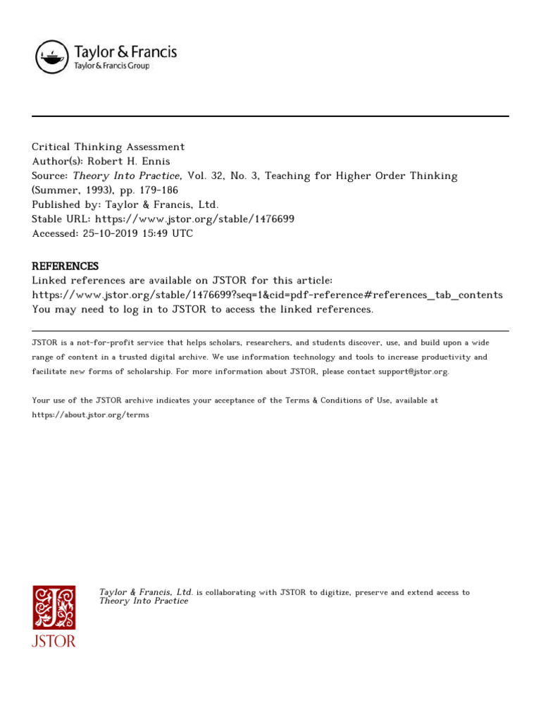 Critical Thinking Assessment Ennis | PDF | Critical Thinking | Thought