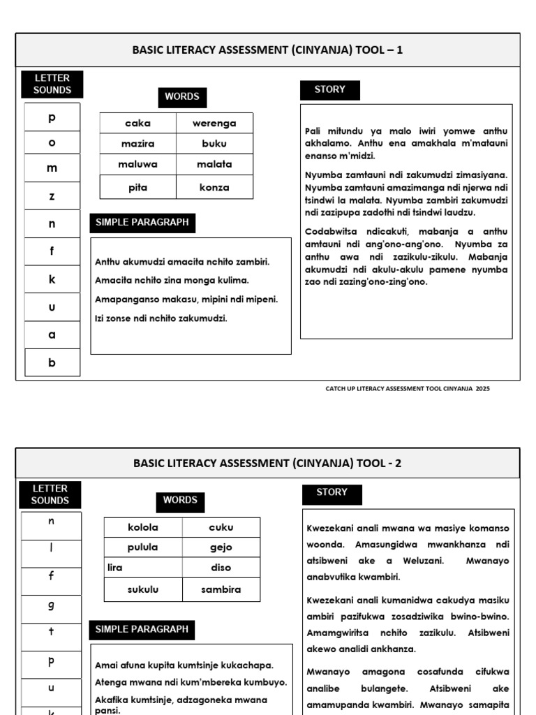 Literacy Chinyanja Assessment Tool 1,2, and 3 2025 2 | PDF ...