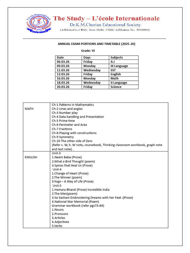 Gr. VI Annual Exam Portions | PDF