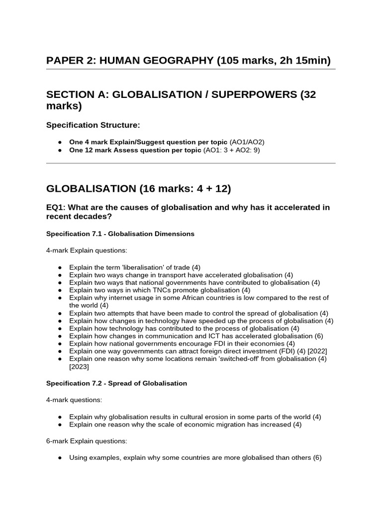 Comprehensive A-Level Edexcel Geography Question Bank | PDF ...