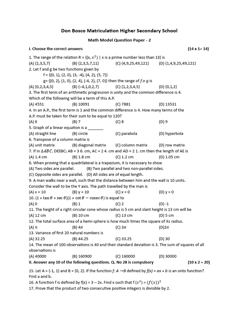 Class 10 Maths Model Question Paper 2 | PDF | Area | Matrix (Mathematics)