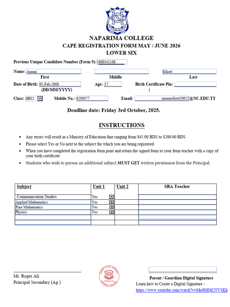CAPE Form Lower 6 2026 | PDF
