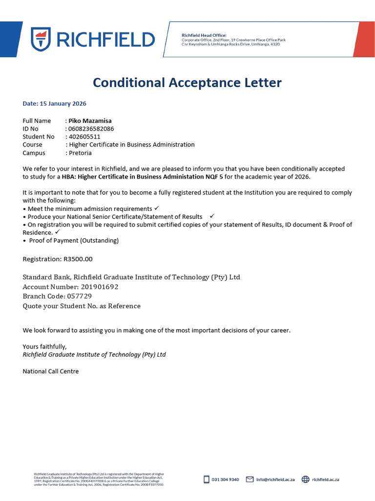 Piko's Conditional Acceptance Letter | PDF