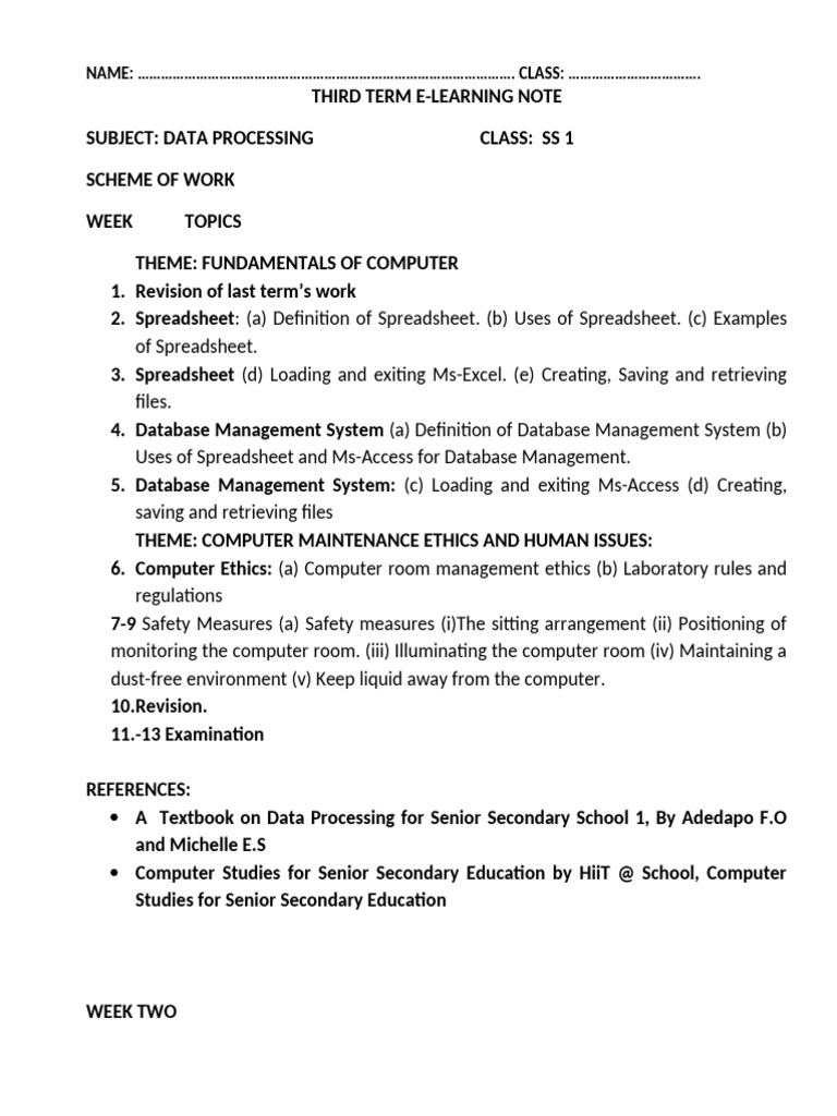 E-Note SS One 3rd Term Data Processing | PDF | Databases | Spreadsheet