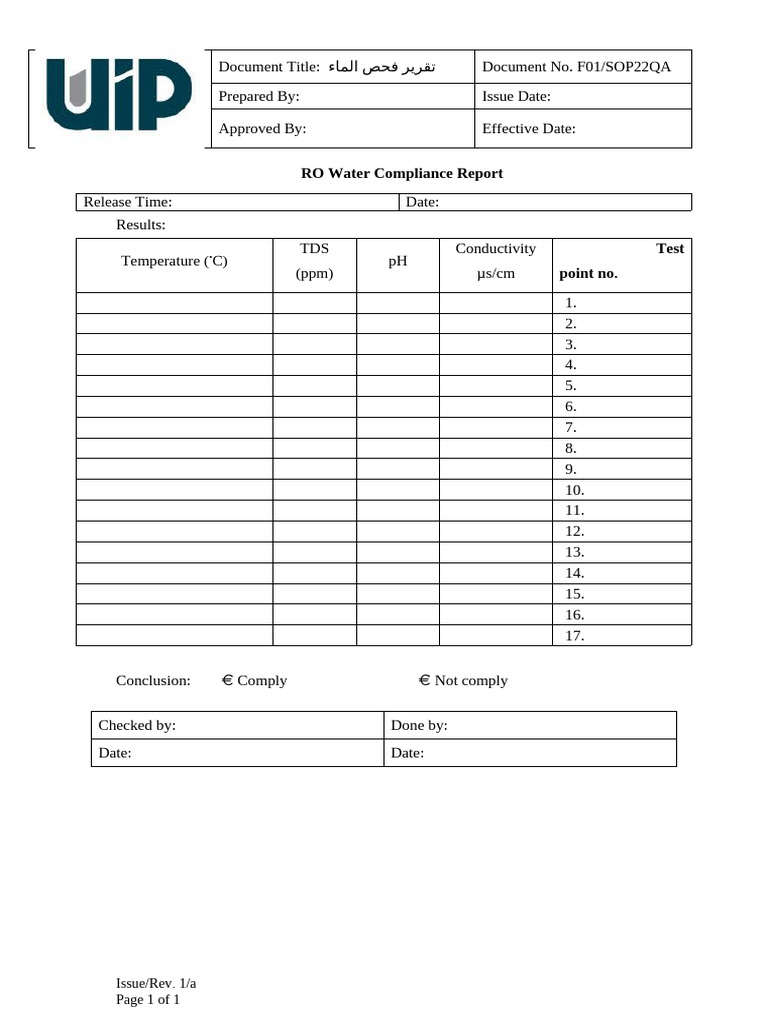F01 SOP22QA RO Water Compliance Report | PDF