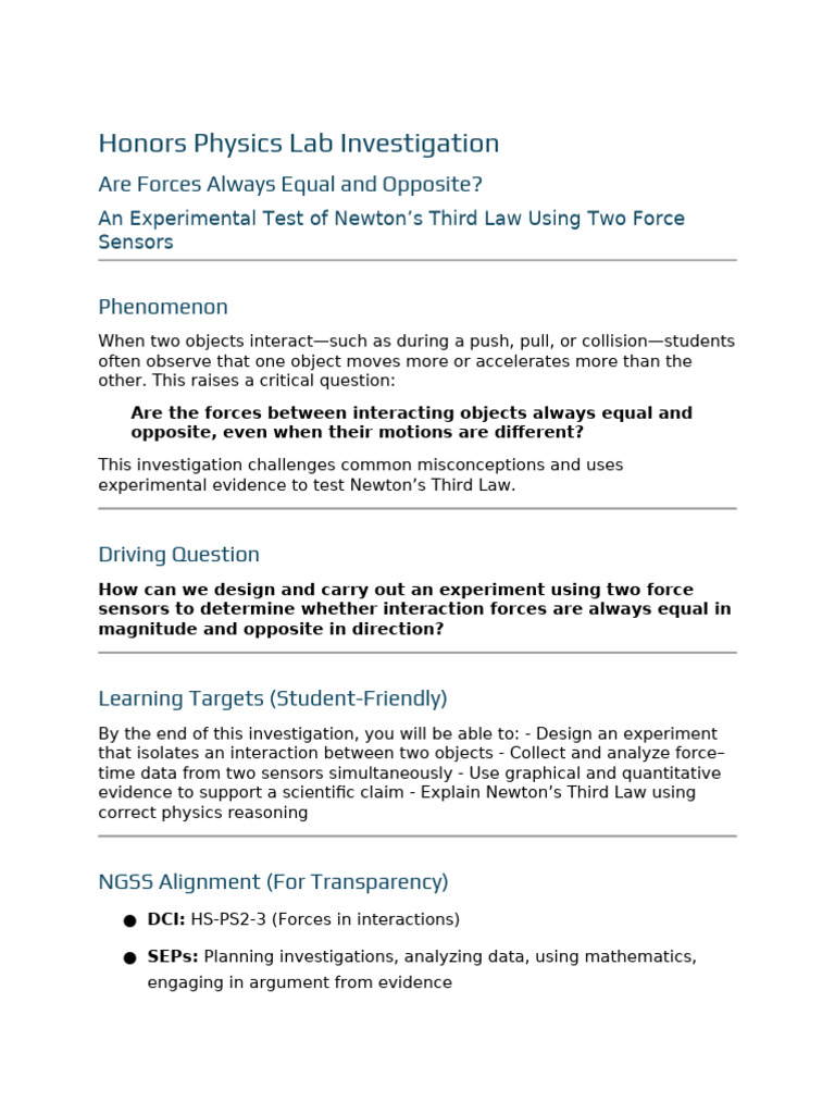 Newton's Third Law Honors Lab Packet | PDF | Force | Newton's Laws Of ...