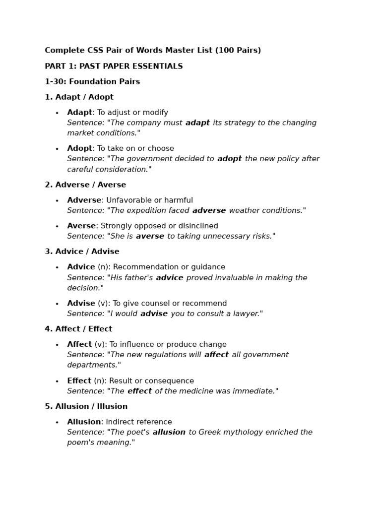 Complete CSS Pair of Words Master List | PDF | Pardon | Benign Tumor