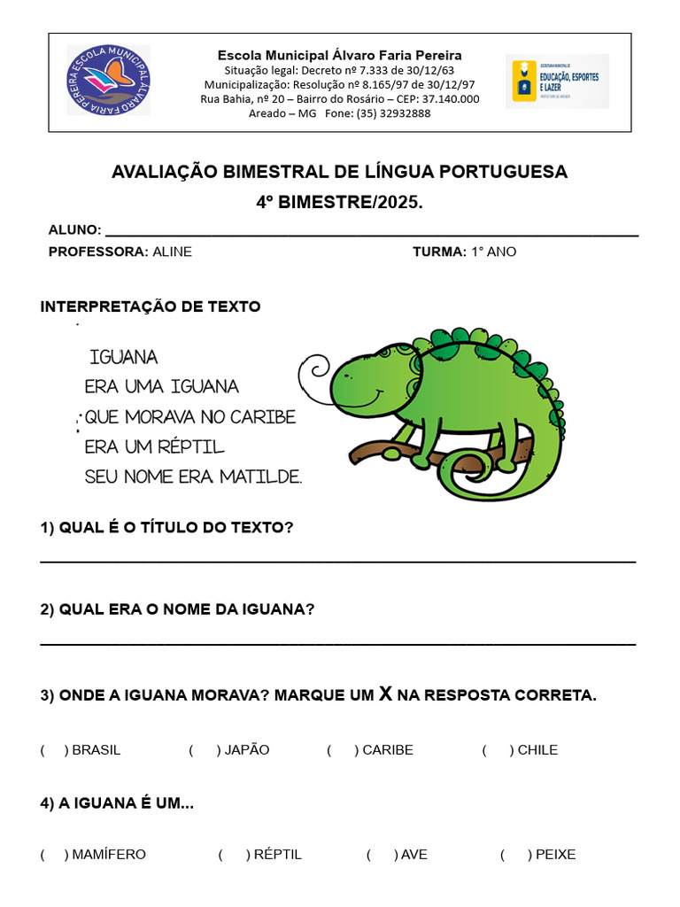 AVALIAÇÃO BIMESTRAL DE PORTUGUES 1° Ano Fund. 1 | PDF