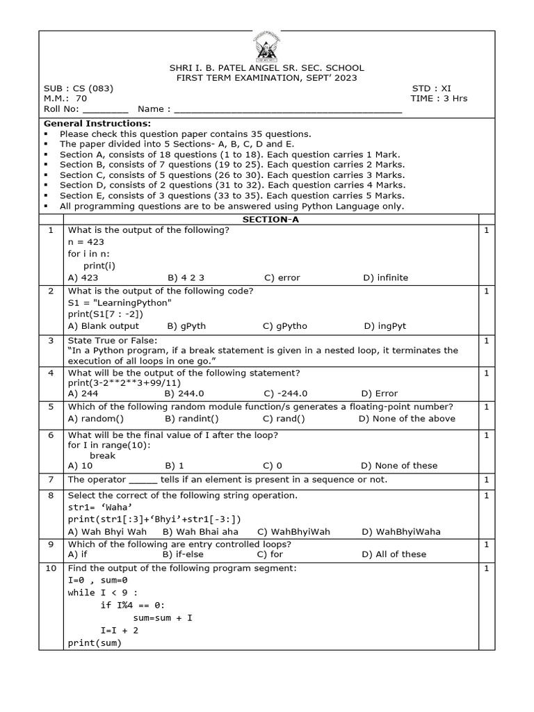 Class Xi Cs t1 2023-24 | PDF | Programming Paradigms | Mathematics