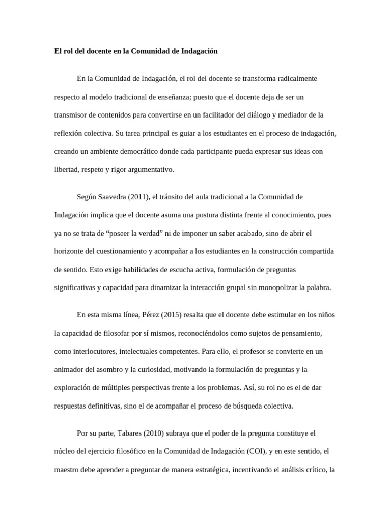 El Rol Del Docente en La Comunidad de Indagación | PDF