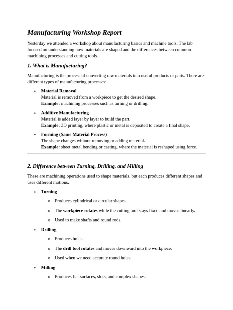 Manufacturing Workshop Report 1 | PDF | Machining | Drilling